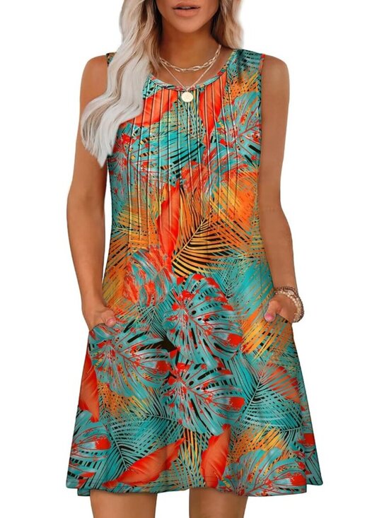 Dresses & Skirts - Women's Floral Orange Beach Vacation Casual Crew Neck Sleeveless Sun Mini Dress